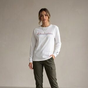 Champion White Script Logo Long Sleeve Tee Shirt | Size Medium